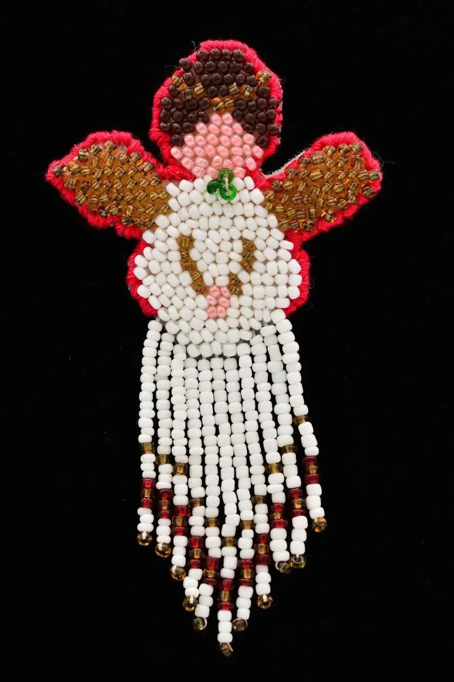Vintage Angel Pin Brooch Beaded Dangle Fringe Fabric Christmas 1990s BinAT